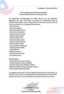 Comunicado de Febachile con la convocatoria de la preselección femenina