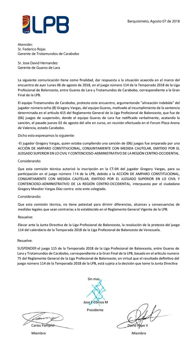 Comunicado Comisión Técnica LPB 2018-08-07